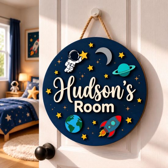 Picture of Personalized Space Name Sign, Custom Kids Room Door Hanger, Astronaut Rocket Nursery Wall Decor, Boys Bedroom Gift, Round Wood Sign Boy