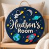 Picture of Personalized Space Name Sign, Custom Kids Room Door Hanger, Astronaut Rocket Nursery Wall Decor, Boys Bedroom Gift, Round Wood Sign Boy