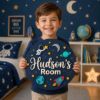 Picture of Personalized Space Name Sign, Custom Kids Room Door Hanger, Astronaut Rocket Nursery Wall Decor, Boys Bedroom Gift, Round Wood Sign Boy