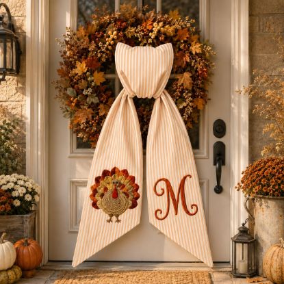 Picture of Personalized Thanksgiving Wreath Sash, Embroidered Turkey Door Bow, Fall Wreath Ribbon, Monogram Autumn Decor, Thanksgiving Front Door Decor