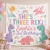 Picture of She's Three Rex Birthday Tapestry, Personalized Dinosaur Birthday Banner, Girl Dino Party Backdrop, Custom 3rd Birthday Decor Girl