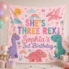 Picture of She's Three Rex Birthday Tapestry, Personalized Dinosaur Birthday Banner, Girl Dino Party Backdrop, Custom 3rd Birthday Decor Girl