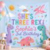 Picture of She's Three Rex Birthday Tapestry, Personalized Dinosaur Birthday Banner, Girl Dino Party Backdrop, Custom 3rd Birthday Decor Girl