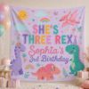 Picture of She's Three Rex Birthday Tapestry, Personalized Dinosaur Birthday Banner, Girl Dino Party Backdrop, Custom 3rd Birthday Decor Girl