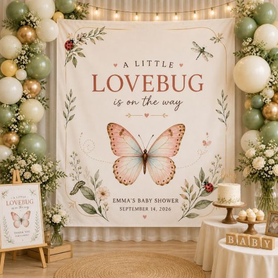 Picture of Little Lovebug Baby Shower Banner, Personalized Baby Shower Backdrop,Cute Lovebug Theme, Baby Sprinkle Decor, Custom Baby Name Sign Tapestry