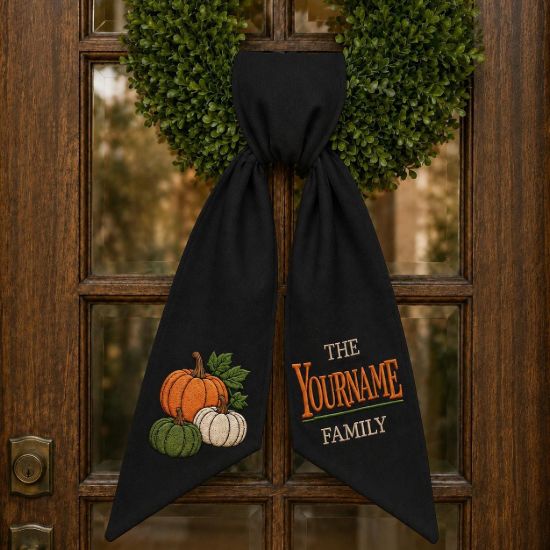 Picture of Personalized Fall Wreath Sash Bow, Custom Door Wreath Bow, Embroidered Pumpkin Wreath Sash, Autumn Front Door Decor, Thanksgiving Decor