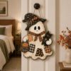 Picture of Halloween Ghost Door Hanger, Wooden Ghost Wall Decor, Fall Witch Hat Ghost Sign, Cute Halloween Door Decor, Autumn Home Decor Halloween