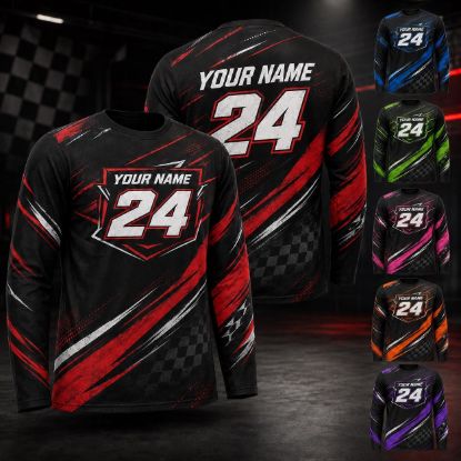 Picture of Personalized Racing Long Sleeve Jersey, Custom Name Number Motorsport Shirt,Race Team Jersey, Checkered Flag Racing Shirt, Custom Racer Gift