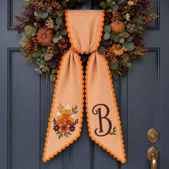 Picture of Personalized Fall Sash, Embroidered Candy Corn Monogram Sash, Orange Gingham Autumn Sash, Halloween Spooky Gift, Halloween Fall Accessory