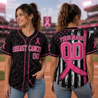 Picture of Personalized Breast Cancer Warrior Baseball Jersey, Custom Pink Ribbon Button Up Shirt, Custom Name Awareness Jersey, Survivor Gift Team