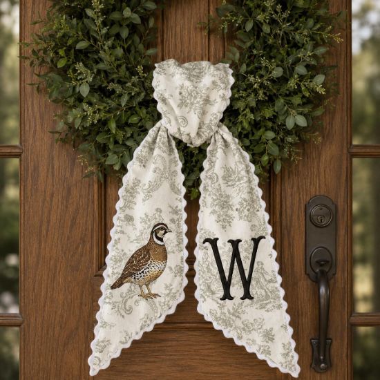 Picture of Personalized Quail Wreath Sash, Quail Hunting Monogram Sash, Custom Initial Bird Wreath Bow, Fall Thanksgiving Sash, Farmhouse Hostess Gift