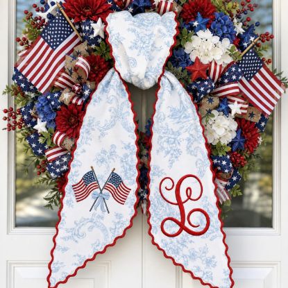 Picture of Custom Patriotic Embroidered Wreath Sash, 4th of July Door Bow, Personalized Monogram Americana Decor, Personalized Independence Day Sash