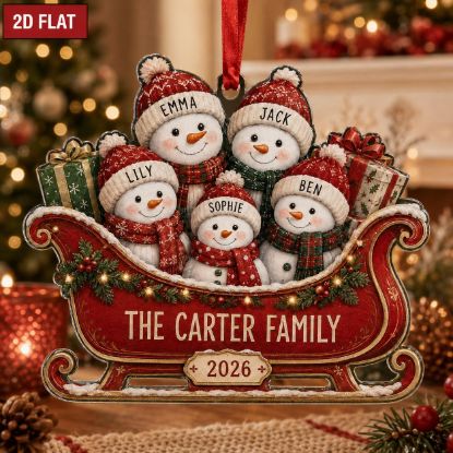 Picture of Personalized Snowman Family Christmas Ornament, Custom Family Name Acrylic Ornament, Snowman Sleigh Ornament, Christmas 2026 Family Gift