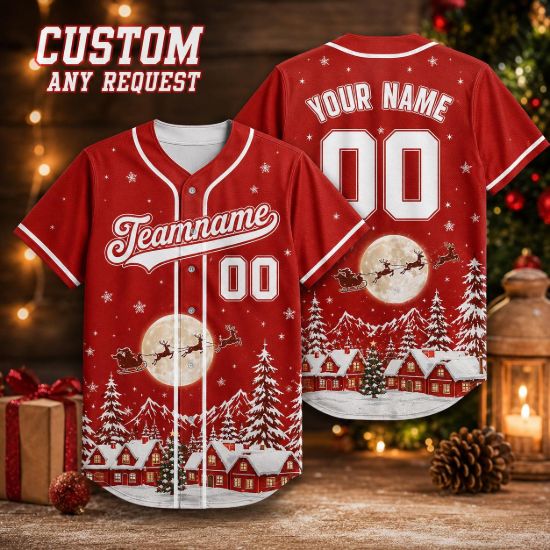 Picture of Personalized Christmas Baseball Jersey, Custom Name Number Team Shirt, Santa Sleigh Holiday Jersey, Family Holiday Gift, Unisex Sports Top