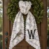 Picture of Personalized Dove Hunging Wreath Sash, Blue Toile Monogram Sash, Custom Bird Wreath Bow, Spring Hostess Gift, Cottage Farmhouse Wreath Decor