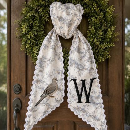 Picture of Personalized Dove Hunging Wreath Sash, Blue Toile Monogram Sash, Custom Bird Wreath Bow, Spring Hostess Gift, Cottage Farmhouse Wreath Decor