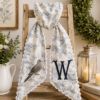 Picture of Personalized Dove Hunging Wreath Sash, Blue Toile Monogram Sash, Custom Bird Wreath Bow, Spring Hostess Gift, Cottage Farmhouse Wreath Decor