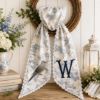 Picture of Personalized Dove Hunging Wreath Sash, Blue Toile Monogram Sash, Custom Bird Wreath Bow, Spring Hostess Gift, Cottage Farmhouse Wreath Decor