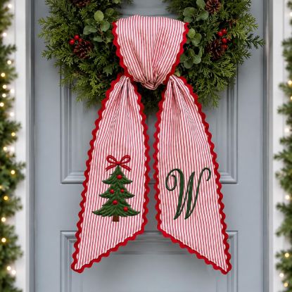 Picture of Personalized Christmas Embroidered Wreath Sash, Christmas Tree Wreath Bow, Christmas Door Bow, Holiday Sash, Personalized Christmas Decor