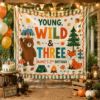 Picture of Young Wild and Three Birthday Backdrop, Personalized Woodland Party Banner, Custom Name 3rd Birthday Tapestry, Forest Birthday Decor