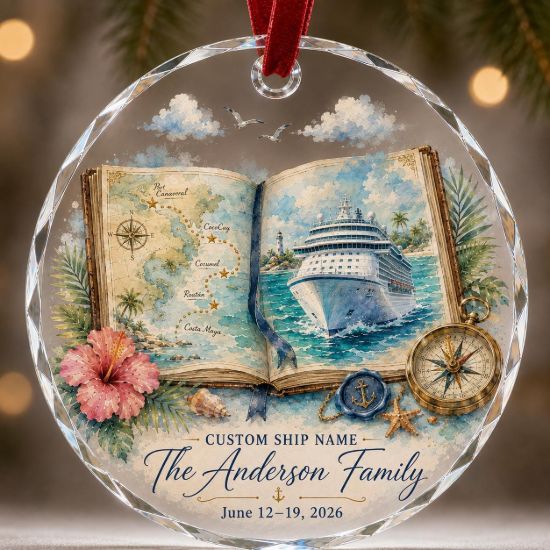 Picture of Personalized Cruise Map Ornament, Custom Family Cruise Christmas Ornament, Ship Name Keepsake, Caribbean Vacation Gift, Travel Book Decor
