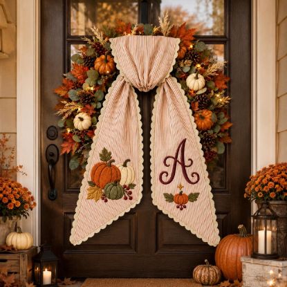 Picture of Personalized Fall Wreath Sash, Pumpkin Monogram Door Bow, Embroidered Autumn Wreath Bow, Thanksgiving Front Door Decor Halloween