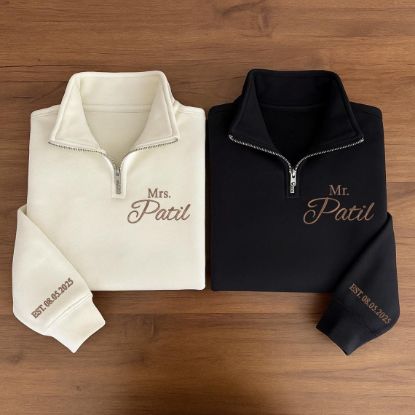 Picture of Embroidered Custom Mr and Mrs Embroidered Quarter Zip Sweatshirt, Date On Sleeve, Gift For Bride, Future Mrs. and Mr. Shirt, Engagement Gift