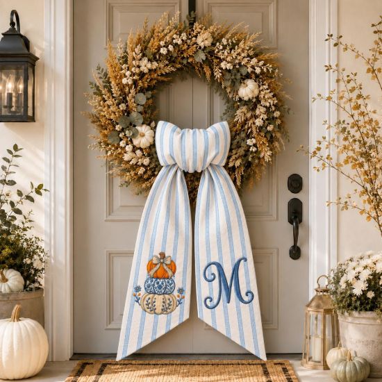 Picture of Personalized Pumpkin Wreath Sash Bow, Blue Stripe Fall Door Bow, Custom Monogram Autumn Wreath, Farmhouse Front Door Decor, Thanksgiving Bow