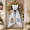 Picture of Personalized Pumpkin Wreath Sash Bow, Blue Stripe Fall Door Bow, Custom Monogram Autumn Wreath, Farmhouse Front Door Decor, Thanksgiving Bow