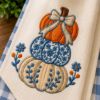 Picture of Pumpkin Embroidery Design, Floral Fall Pumpkin Machine Embroidery File, Blue Bow Autumn Pumpkin, Pes Dst Exp Jef Vp3 Digital Download
