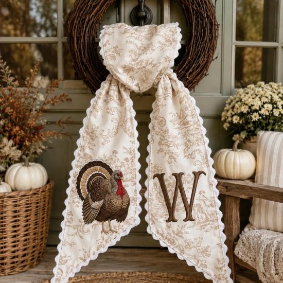 Picture of Personalized Thanksgiving Turkey Wreath Sash, Turkey Monogram Sash, Neutral Toile Fall Wreath Bow, Custom Hostess Gift, Autumn Sash Decor