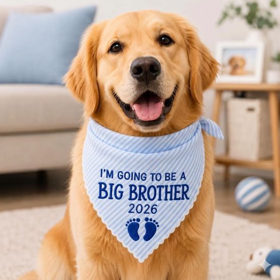 Picture of Big Brother Dog Bandana, Pregnancy Announcement Pet Bandana, Embroidered Puppy Scarf, Striped Dog Bandana, Baby Reveal Dog Accessory