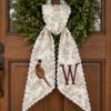Picture of Personalized Pheasant Wreath Sash, Neutral Toile Monogram Sash, Custom Hunting Fall Wreath Bow, Thanksgiving Hostess Gift, Harvest Decor