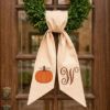 Picture of Personalized Pumpkin Wreath Sash, Fall Monogram Door Bow, Embroidered Autumn Wreath Ribbon, Custom Initial Thanksgiving Front Door Decor