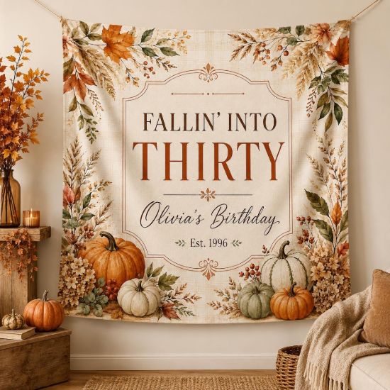 Picture of Fallin Into Thirty Birthday Tapestry, Personalized 30th Birthday Banner, Pumpkin Birthday Backdrop, Fall Birthday Party Decor, Fall Banner