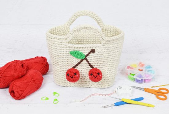Picture of CROCHET PATTERN - Cherry Handbag - instructions to make a crochet bag, tote, kawaii purse, amigurumi cherries