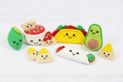 Picture of CROCHET PATTERN - Mexican Fiesta - PDF pattern includes 6 different Mexican food patterns: Avocado, Crunchy & Soft Taco, Lime, Nachos, Salsa