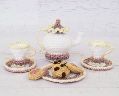 Picture of Amigurumi Crochet PATTERN - Mrs. Potts Tea and Cookies - tea set pretend play crochet food toy cookies amigurumi tea pot PDF pattern