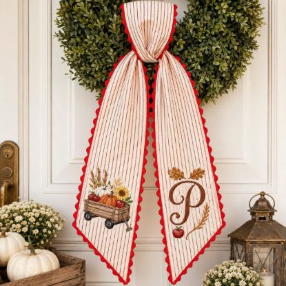 Picture of Personalized Fall Wreath Sash, Embroidered Pumpkin Wagon Sash, Monogram Autumn Door Decor, Thanksgiving Wreath Bow, Custom Initial Gift