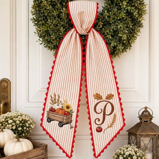 Picture of Personalized Fall Wreath Sash, Embroidered Pumpkin Wagon Sash, Monogram Autumn Door Decor, Thanksgiving Wreath Bow, Custom Initial Gift