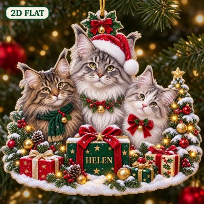 Picture of Maine Coon Cat Family Ornament, Personalized Christmas Acrylic Ornament, Custom Name Pet Tree Decor, Cute Cat Lover Holiday Keepsake Gift