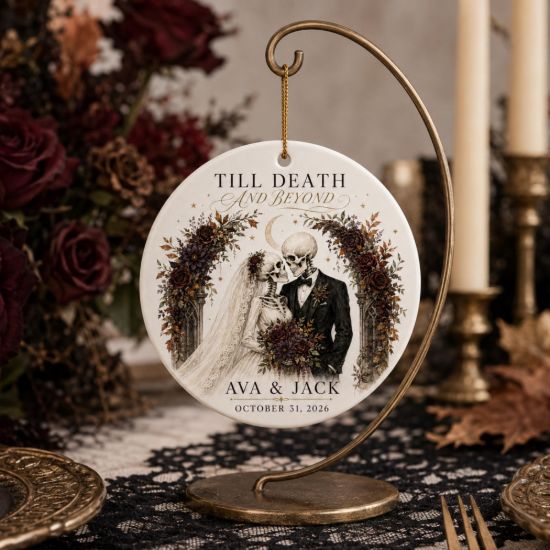 Picture of Personalized Halloween Wedding Ornament 2026, Gothic Skeleton Couple Keepsake, Custom Names Date, Till Death And Beyond Gift for Newlyweds