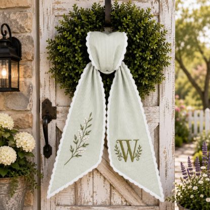 Picture of Personalized Monogram Wreath Sash, Sage Green Stripe Floral Branch Door Bow, White Ric Rac Porch Decor, Custom Initial Ribbon Gift 2026