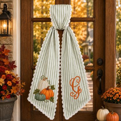 Picture of Personalized Pumpkin Halloween Wreath Sash Bow, Pumpkin Door Decor, Fall Front Door Ribbon, Autumn Farmhouse Holiday Decoration