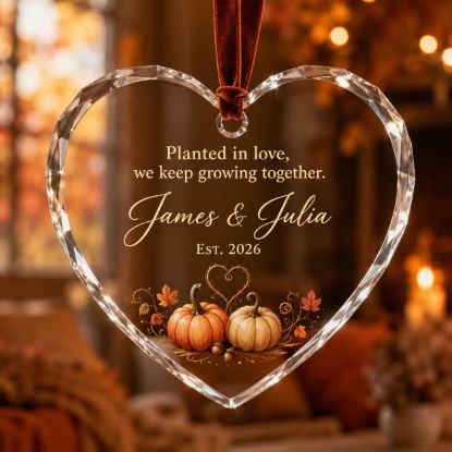 Picture of Personalized Heart Crystal Ornament, Custom Couple Keepsake Gift, Fall Pumpkin Wedding Ornament, Autumn Anniversary Gift for Newlyweds