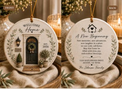 Picture of Personalized New Home Ornament, Custom Address Family Name Ceramic Bauble, First Hoame Housewarming Gift 2026, New Homeowner Keepsake